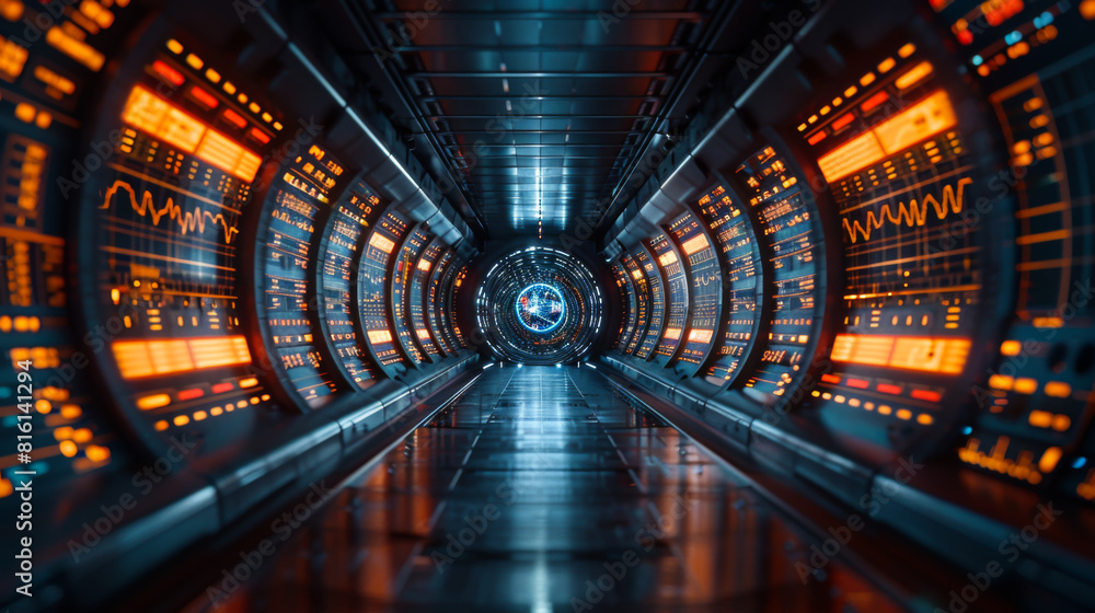 Fototapeta premium A futuristic space station with many computer monitors. The monitors are lit up in orange and blue. The space station is very large and has many different rooms