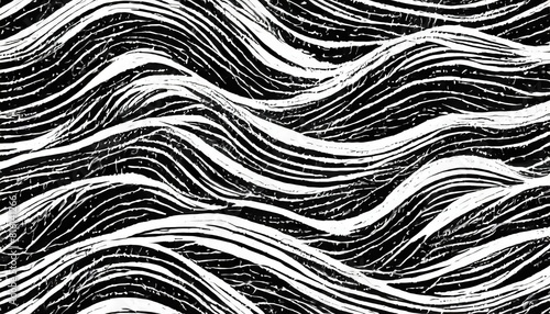 Wavy and swirled brush strokes vector seamless pattern, black and white abstract background