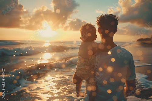 Capture the glistening droplets of seawater clinging to a father's broad shoulders as he carries his sleepy child back to their beachfront villa after a day of endless adventures. photo