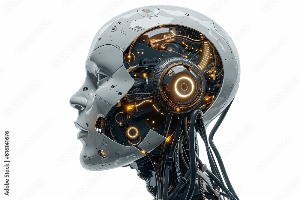 A close-up view of a robotic head with visible wires connected to it, showcasing its digital brain engine. The head is isolated on a white background. Generative AI A close-up view of a robotic head with visible wires connected to it, showcasing its digital brain engine. The head is isolated on a white background. Generative AI