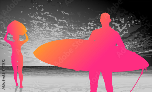 surfistas, contraluz, vector, tabla, surf, mar, atardecer, mujer surfista, silueta, tablista, ilustracion, arte surf, rosa, surfista en la playa, chica surf, mujer