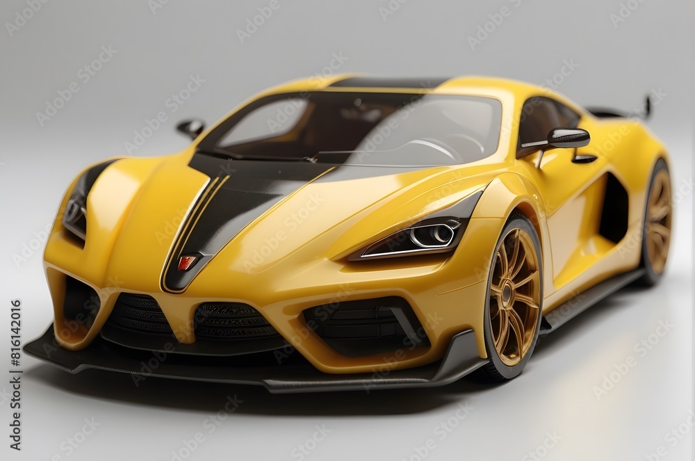 Yellow luxury sports car model with black and yellow rims on white background. Yellow luxury sports car model with black and yellow rims on white background.