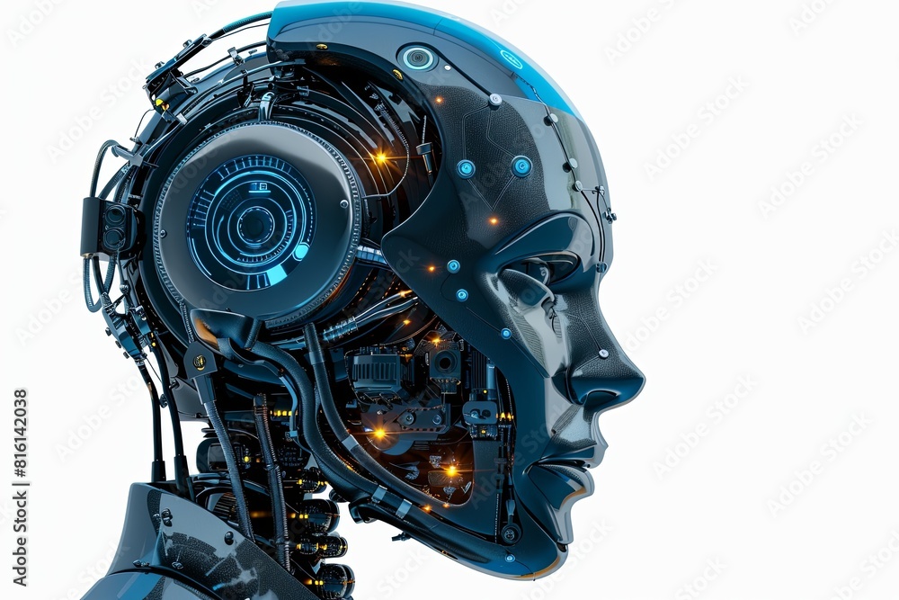 Detailed view of an AI robot head with a digital graphic brain engine, isolated on a white background. Generative AI Detailed view of an AI robot head with a digital graphic brain engine, isolated on a white background. Generative AI