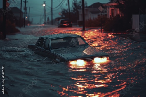 Vehicle trapped in deep floodwater on a residential street as evening settles in © anatolir