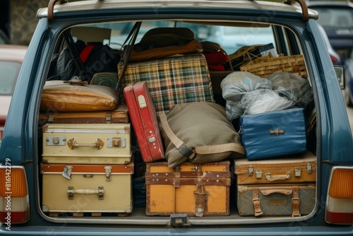 Open trunk of a retro car fully loaded with assorted vintage suitcases and bags