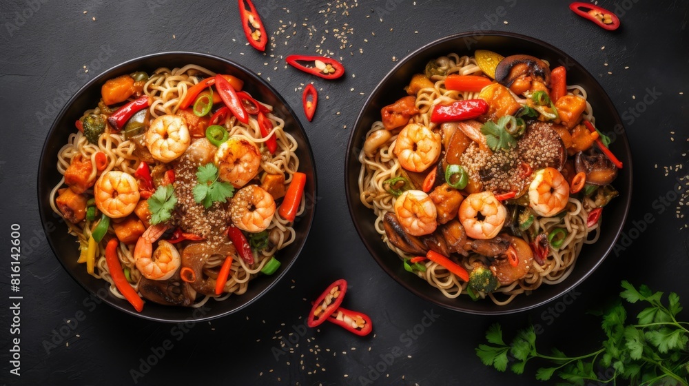 A delectable top-down shot of two bowls filled with noodle dishes, garnished with shrimp and vibrant red chilies