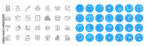 Energy inflation, Power certificate and Working process line icons pack. Skyscraper buildings, Floor plan, Package web icon. Brush, House protection, Warning pictogram. Engineering team. Vector