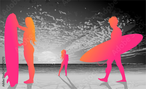 surfistas, contraluz, vector, tabla, surf, mar, atardecer, mujer surfista, silueta, tablista, ilustracion, arte surf, rosa, surfista en la playa, chica surf, mujer