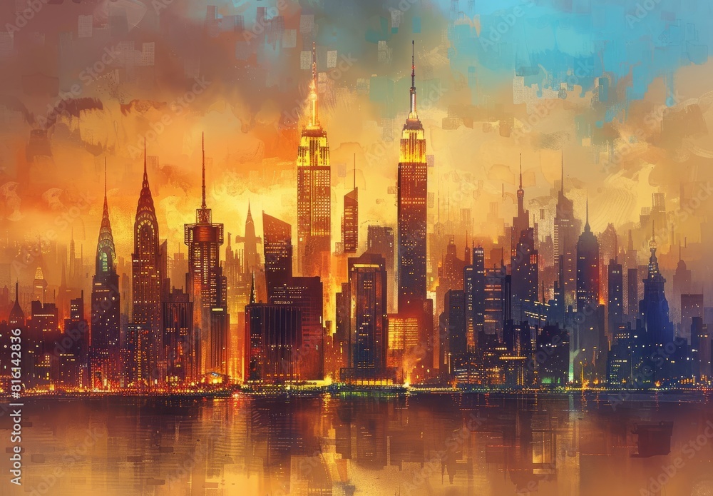 Iconic skylines captured through paintings of famous cities worldwide, highlighting landmarks, skyscrapers, and unique architecture like New York, Paris, Tokyo, and Dubai.