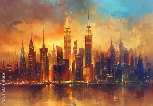 Iconic skylines captured through paintings of famous cities worldwide  highlighting landmarks  skyscrapers  and unique architecture like New York  Paris  Tokyo  and Dubai.