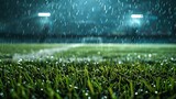 This best-seller potential wallpaper showcases a close-up of raindrops on a vivid green football field, serving as an engaging abstract background