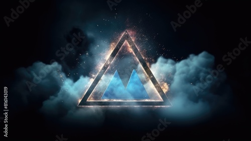 A triangle portal with clouds and cosmic backdrop. Surreal digital art concept for mystery, fantasy, and science fiction design. An abstract art of futuristic triangle shape with neon line. AIG35. photo