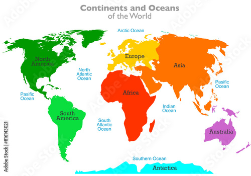 Continents  oceans  world map. North  South  America  Europe  Africa  Asia  Australia  Antarctica. Five oceans  Pacific Atlantic Arctic  Indian  Southern. Vector illustration 
