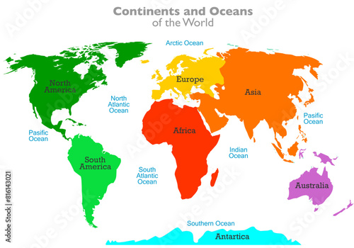 Continents, oceans, world map. North, South  America, Europe, Africa, Asia, Australia, Antarctica. Five oceans, Pacific Atlantic Arctic, Indian, Southern. Vector illustration 