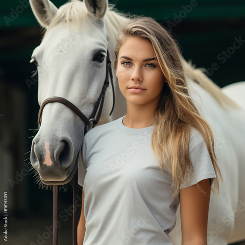 Young woman standing with her horse in front of a horse stable, ai generative. photo