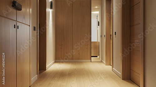 Entrance hall and housing distributor with armored access door and access to rooms with oak doors builtin wardrobes of the same material and parquet floors : Generative AI