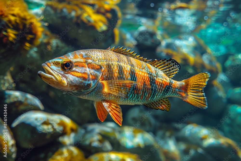 Peacock Bass swimming in clear waters, ideal for freshwater fishing enthusiasts. Peacock Bass swimming in clear waters, ideal for freshwater fishing enthusiasts.