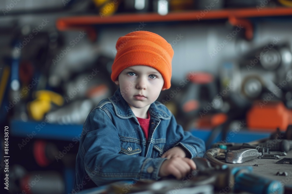 Serious young apprentice in denim jacket and orange hat concentrating on learning practical skills in a metalwork workshop with handson education and vocational training for future trade Serious young apprentice in denim jacket and orange hat concentrating on learning practical skills in a metalwork workshop with handson education and vocational training for future trade