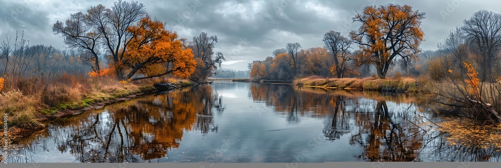 Reflections on the river in cloudy weather, HDR Image realistic nature and landscape