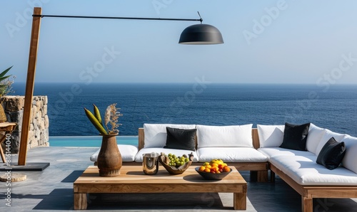 A wooden sofa with pillows ...