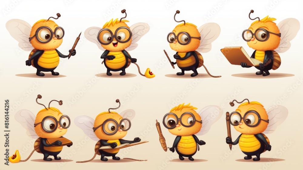 Fototapeta premium The illustration features endearing animated bees engaged in activities such as painting and reading, perfect for educational and recreational themes