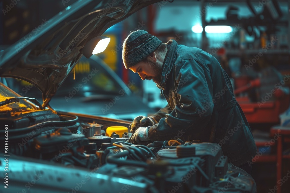 Skilled mechanic repairs car engine under the hood in a wellequipped garage at night Skilled mechanic repairs car engine under the hood in a wellequipped garage at night