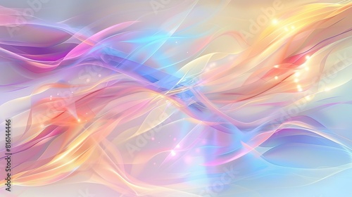 Abstract background with colorful waves and soft glow on flowing lines and ribbons in pastel colors.