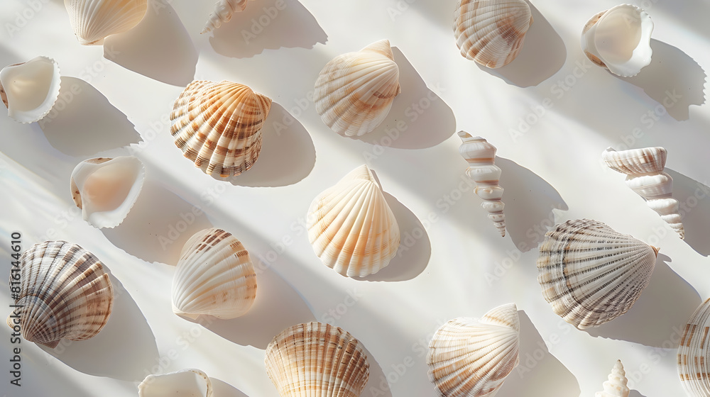 Shooting in the Studio Seashells are laid out in the shape of a square on a light background Shooting from above : Generative AI Shooting in the Studio Seashells are laid out in the shape of a square on a light background Shooting from above : Generative AI