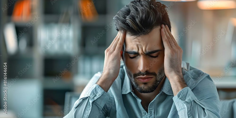 Tired businessman with headache and stress overwhelmed by work and ...