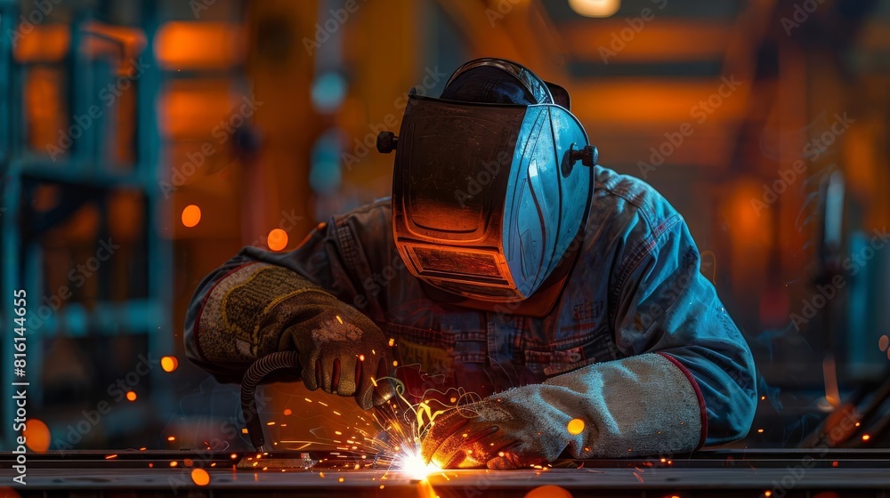 Highresolution image capturing the dynamic and gritty atmosphere of an industrial welder at work, with a focus on glowing metal and protective gear Highresolution image capturing the dynamic and gritty atmosphere of an industrial welder at work, with a focus on glowing metal and protective gear