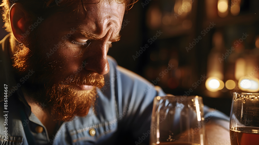 bearded redhead man sad with empty glasses of beer in a bar : Generative AI bearded redhead man sad with empty glasses of beer in a bar : Generative AI