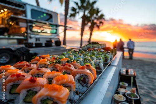 An opulent beachside celebration with food trucks offering a curated menu of gourmet delights such as sushi platters and gourmet sliders photo