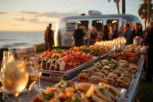 An opulent beachside feast with food trucks offering extravagant dishes like lobster tacos  photo