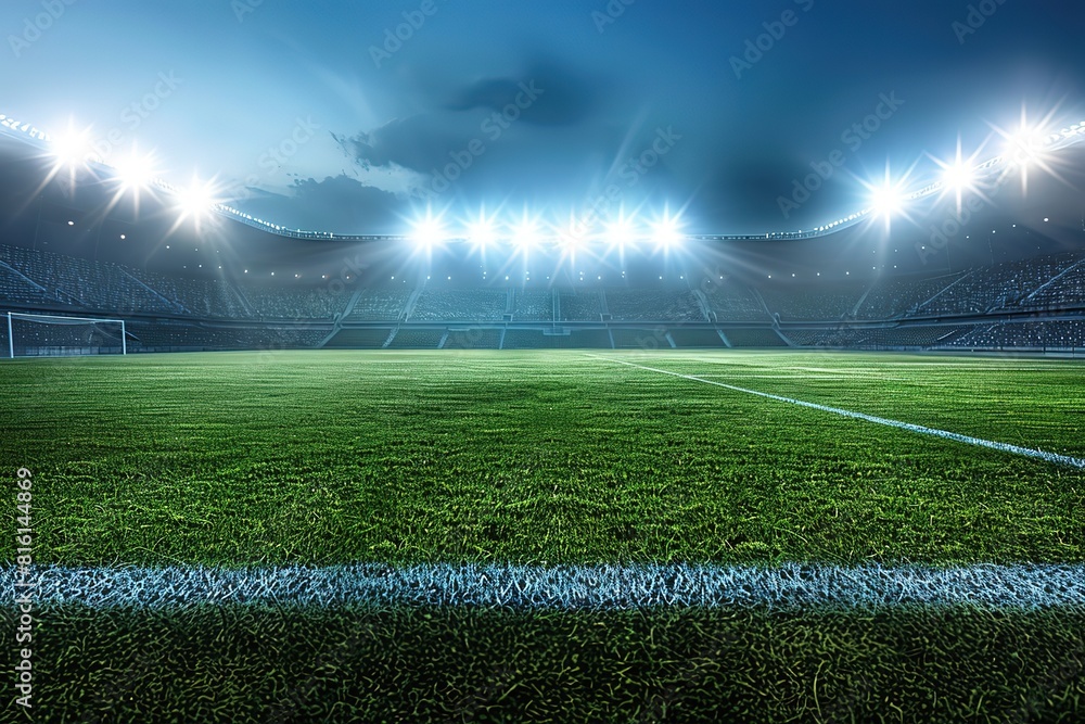 Realistic background of an empty soccer stadium with lights shining down