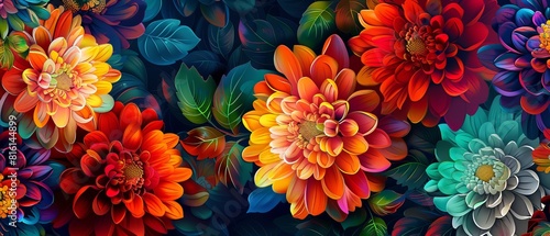 A stunning digital artwork featuring brightly colored flowers perfect for a best-selling wallpaper or abstract background