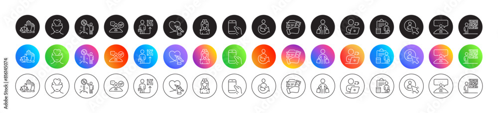 Mental health, Business skill and Social care line icons. Round icon gradient buttons. Pack of Video conference, User, Buyer icon. Interview job, Job interview, Hospital nurse pictogram. Vector Mental health, Business skill and Social care line icons. Round icon gradient buttons. Pack of Video conference, User, Buyer icon. Interview job, Job interview, Hospital nurse pictogram. Vector