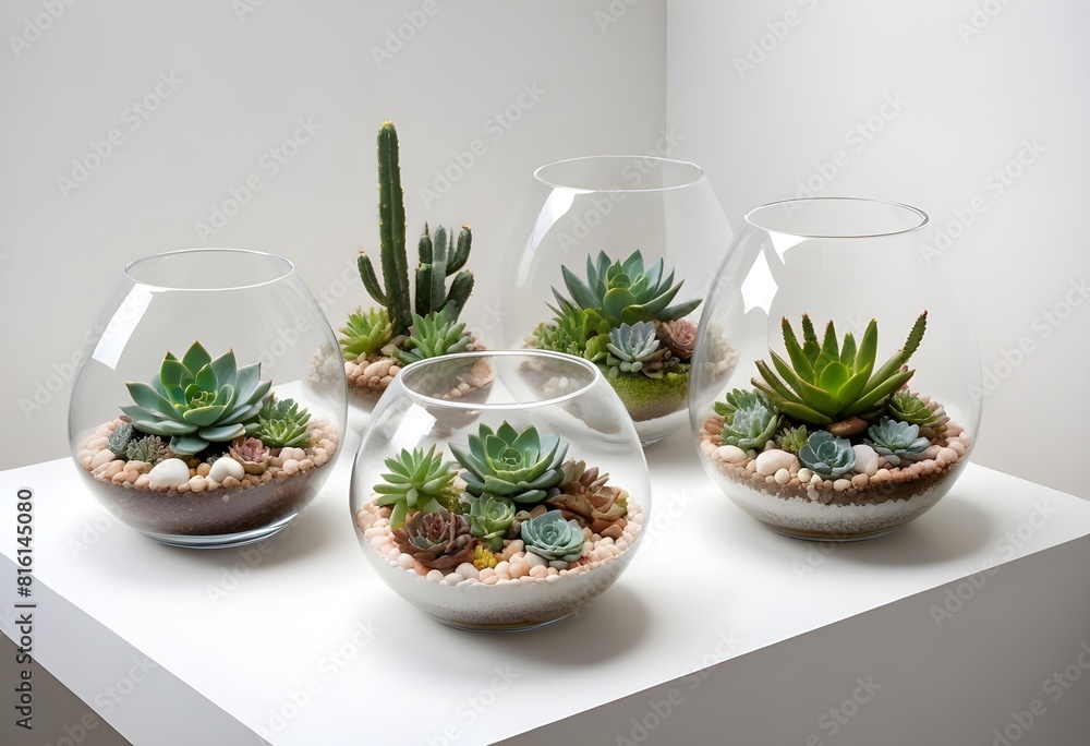 Sophisticated glass terrariums and premium porcelain planters brimming with a carefully curated assortment of flourishing succulents, cacti, and lush tropical plants, elegantly arranged on a pristine Sophisticated glass terrariums and premium porcelain planters brimming with a carefully curated assortment of flourishing succulents, cacti, and lush tropical plants, elegantly arranged on a pristine