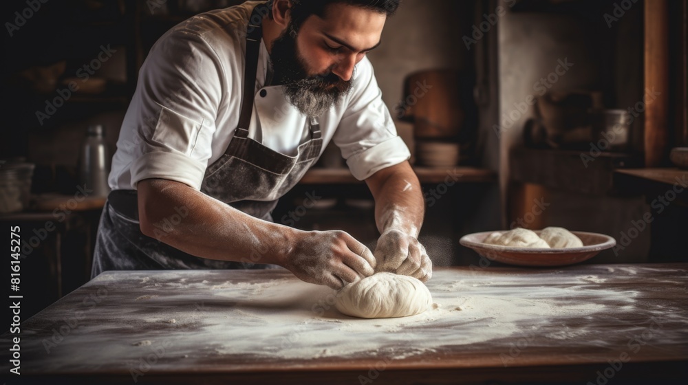A skilled baker kneads dough with flour on a rustic wooden table, suggesting a traditional, artisanal bread-making process