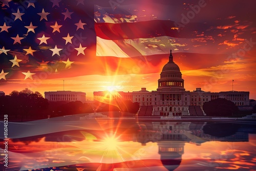 the US venue of the us capitol building with an american flag in front at sunset