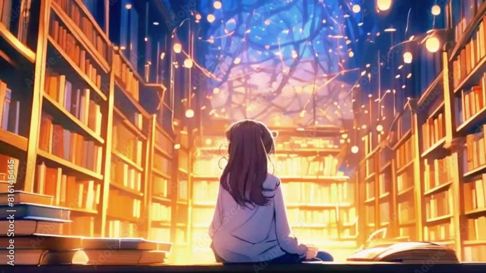 Lofi Girl is surrounded by towering bookshelves in a quiet, cozy library, with the sound of pages turning and a faint classical tune in the background, 4k Japanese anime style lofi music background Lofi Girl is surrounded by towering bookshelves in a quiet, cozy library, with the sound of pages turning and a faint classical tune in the background, 4k Japanese anime style lofi music background