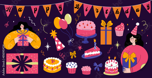 Set of birthday vector illustration stickers, party elements, holiday gifts, cake, candles, balloons, party hat, cartoon character holding gift box, female, woman with present funky groovy retro style