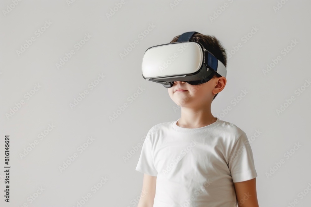 Young Boy Wearing VR Headset on White Background Young Boy Wearing VR Headset on White Background