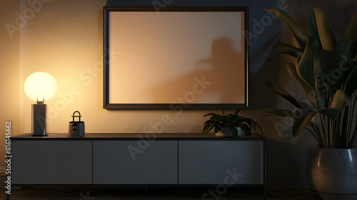 Mockup frame on cabinet in living room interior on empty dark wall background3D rendering : Generative AI photo