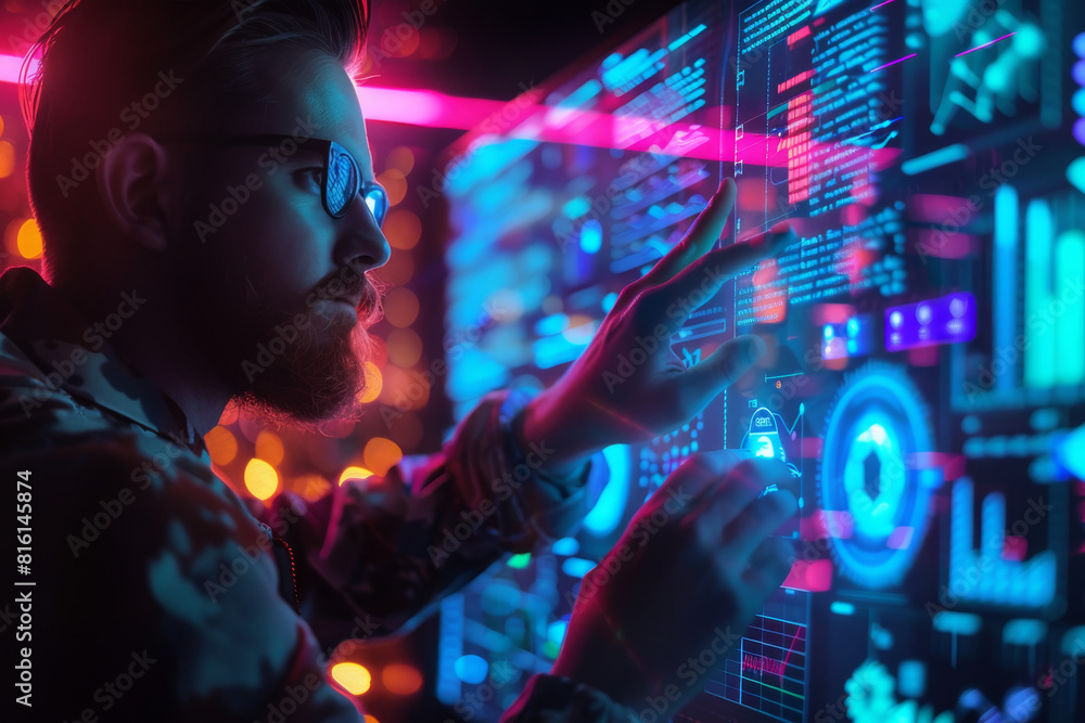 A man is looking at a computer screen with a purple light behind him A man is looking at a computer screen with a purple light behind him