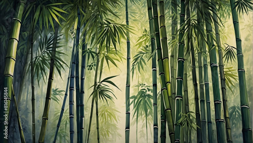 Tranquil Bamboo Retreat  Watercolor Wall Mural Painting of Tall Tropical Bamboo