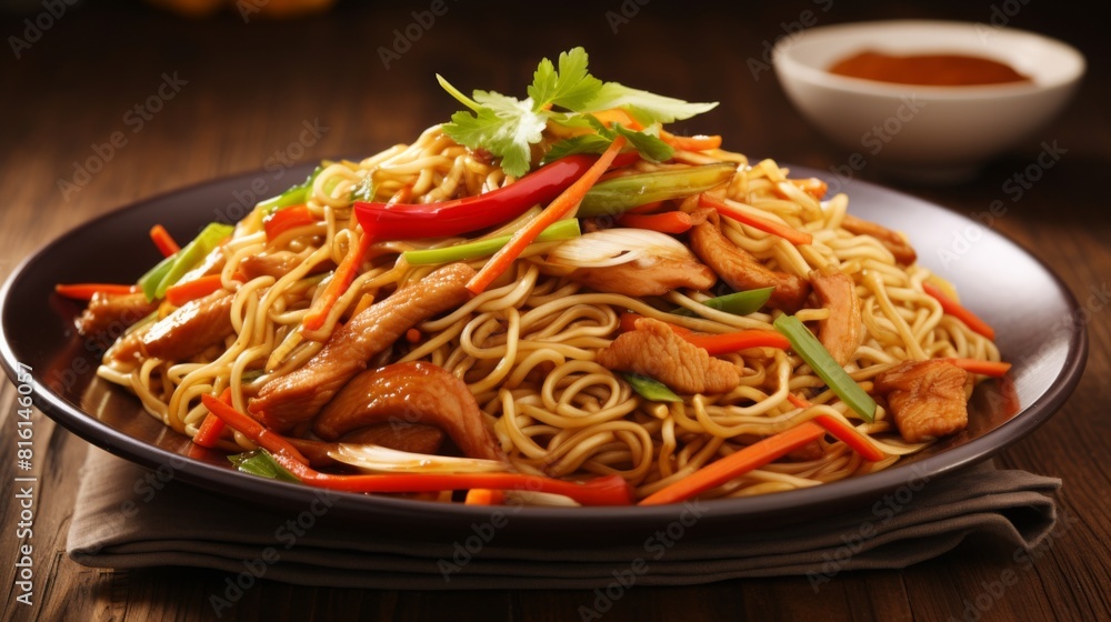 The warm and inviting tones of this Chow Mein with chicken and vegetables promises a tasty comfort food experience The warm and inviting tones of this Chow Mein with chicken and vegetables promises a tasty comfort food experience