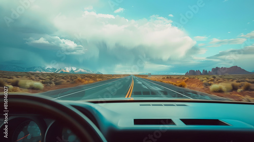 Driving down an empty road with a view of mountains in the distance and cloudy sky through a front car windshield   Generative AI