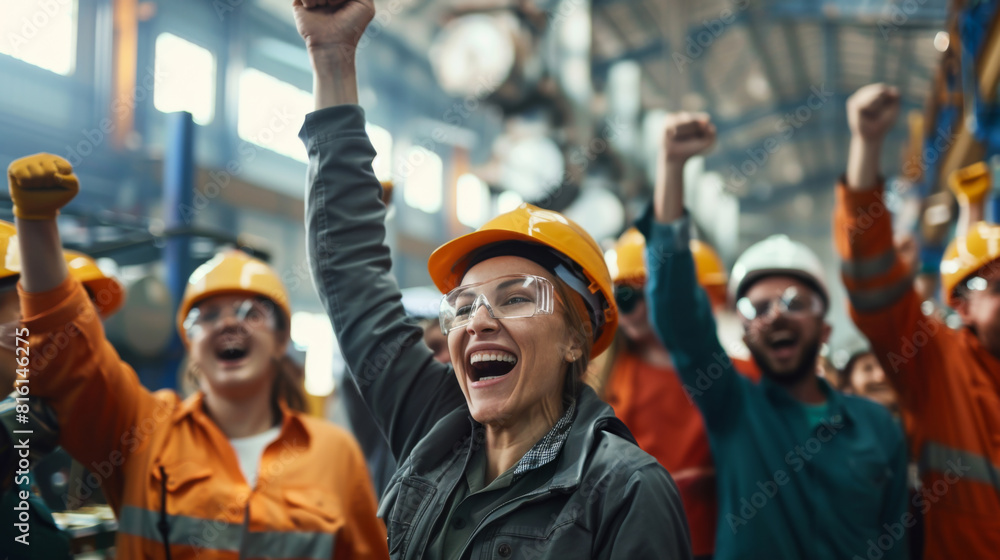 A group of workers are celebrating in a factory. The woman in the center is smiling and holding her hands up in the air. A group of workers are celebrating in a factory. The woman in the center is smiling and holding her hands up in the air.