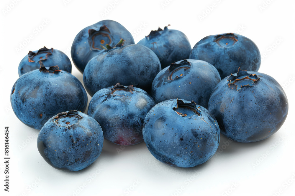 A cluster of plump blueberries isolated on a white surface, displaying their rich blue-purple hue and antioxidant-packed goodness. Generative Ai. A cluster of plump blueberries isolated on a white surface, displaying their rich blue-purple hue and antioxidant-packed goodness. Generative Ai.