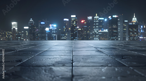 Empty concrete tiles floor with city skyline background Night scene : Generative AI © Generative AI
